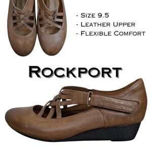 Rockport Cobb Hill Leather Wedge Heels 9.5 Brown Mary Jane Strappy Comfort Shoe